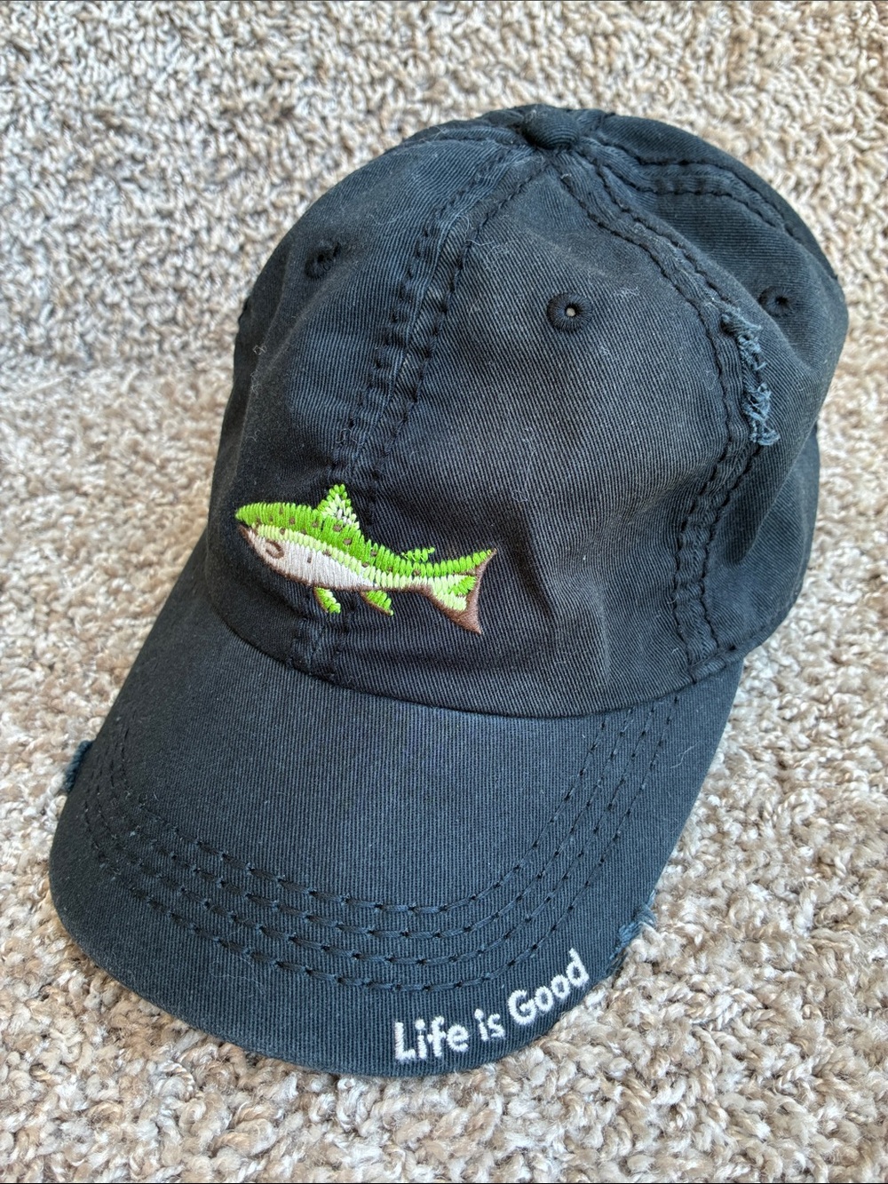 Life Is Good Distressed Black Embroidered Trout Fish Cap